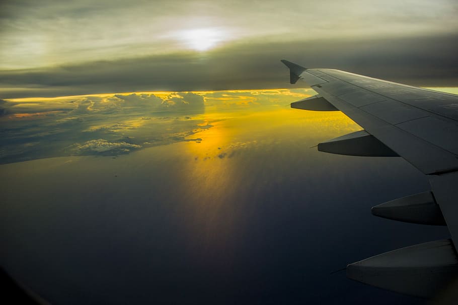 Mar da China Meridional, Céu, Aviação, Sol, plano, pôr do sol, asas, voo, acima das nuvens, avião