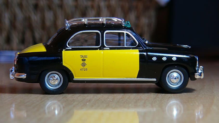 taxi, miniatura, asiento 1400, barcelona, ​​años 60, modo de transporte, automóvil, vehículo de motor, transporte, amarillo