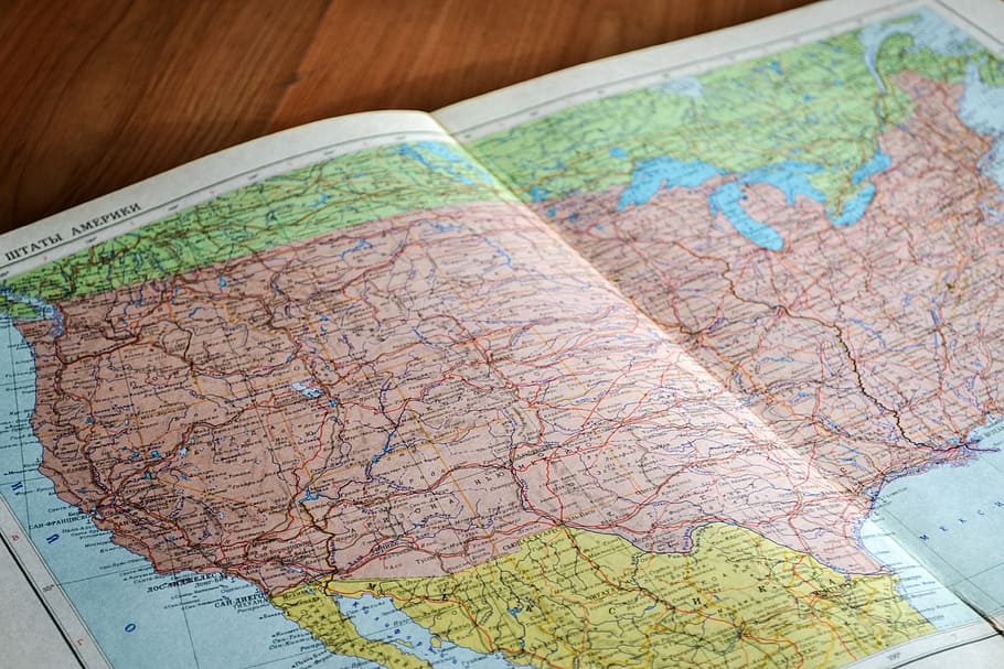 verde, laranja, livro de mapas, bege, azul, mapa, navegação, instruções, EUA, viagens