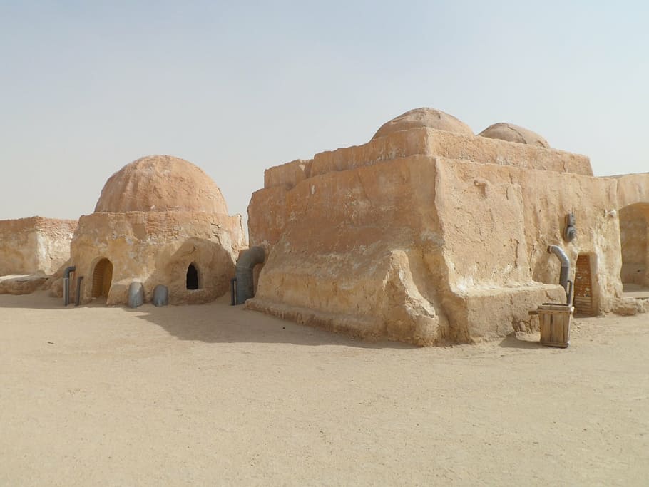 brown, clay houses, day time, star wars, sand, desert, africa, tunisia, mos espa, ancient