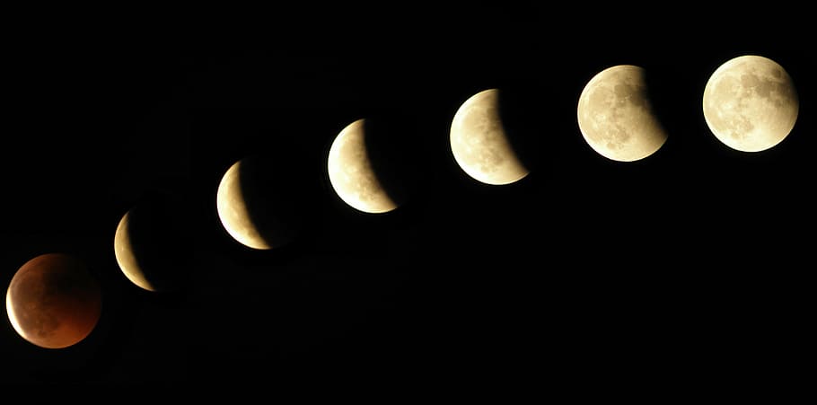 fotografia de lapso de tempo, planeta lua, lua, eclipse, fases, lua cheia, espaço, astronomia, noite, fenômeno natural