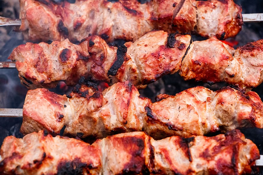shish kebab, carne, mangal, brochetas, nutrición, frituras, brasas, picnic, parrilla, brochetas de carne