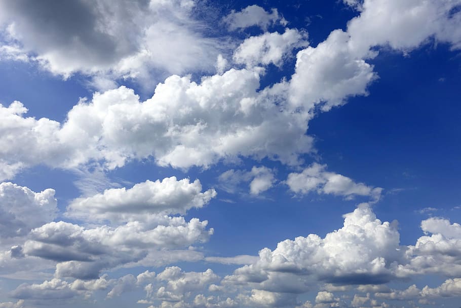 low, angle photo, white, clouds, sky, weather, cumulus clouds, atmosphere, blue, high