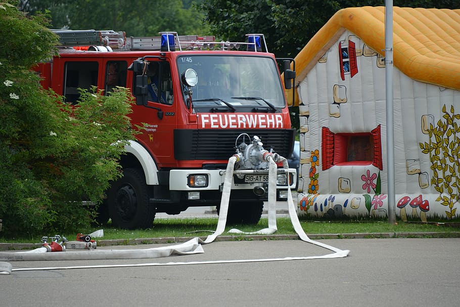 fuego, camión de bomberos, rojo, auto, equipo camión de bomberos, feuerloeschuebung, löschzug, vagón, eliminar, equipo