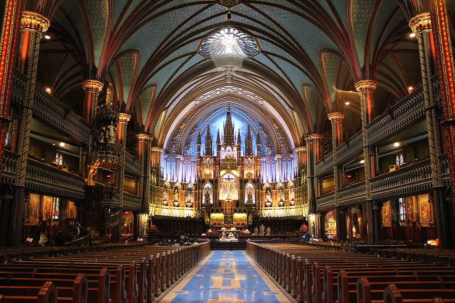 interior, foto, durante el día, Catedral, iglesia, montreal, notre dame, arquitectura, lugar de culto, historia