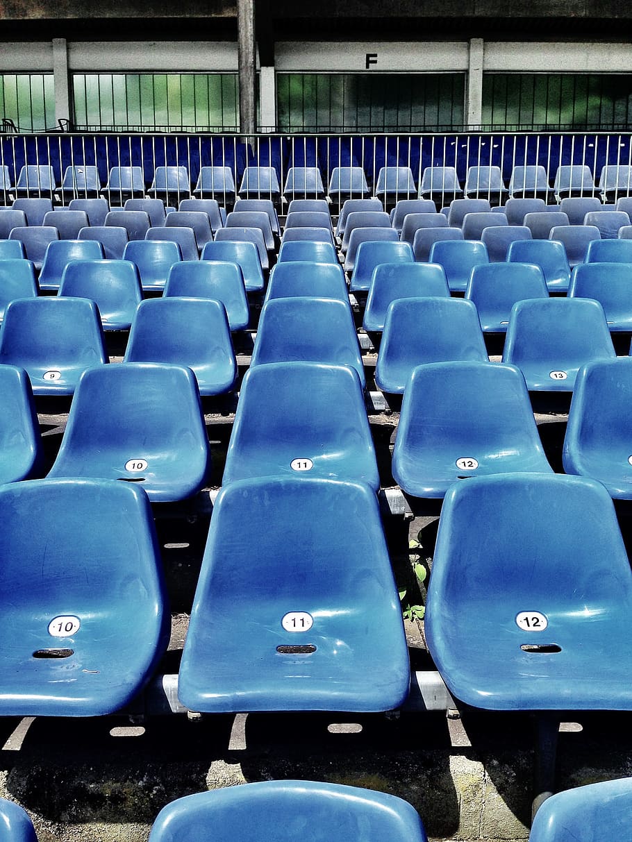 blue gang chair, sit, grandstand, theater, football stadium, audience, viewers, watch, sport, tribune
