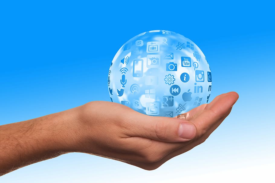 clear, globe, websites, person, right palm, Social Media, Icon, Hand, Keep, Present