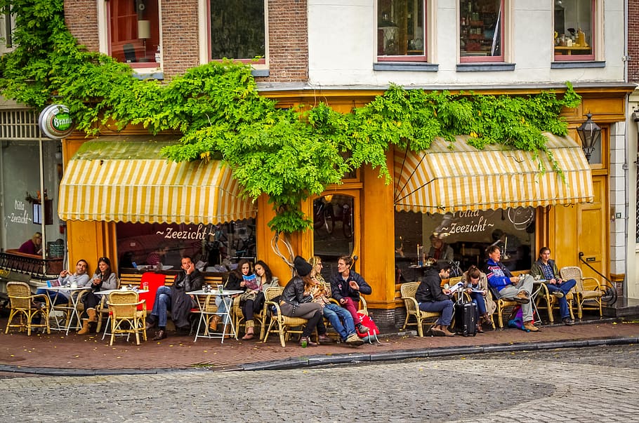 holland, amsterdam, netherlands, bistro, local, building exterior, architecture, built structure, plant, group of people