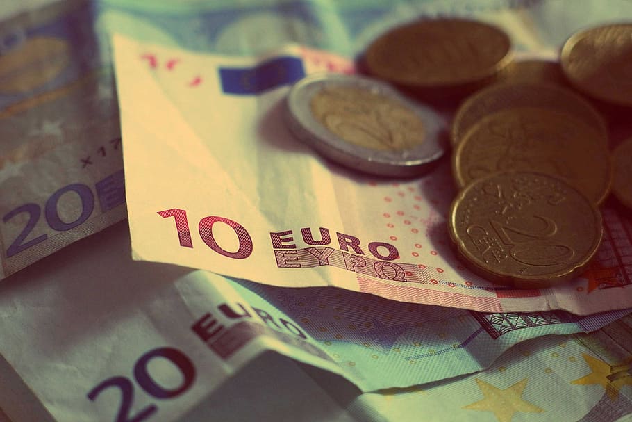 money, euros, banknotes, bills, coins, currency, change, finance, business, paper currency
