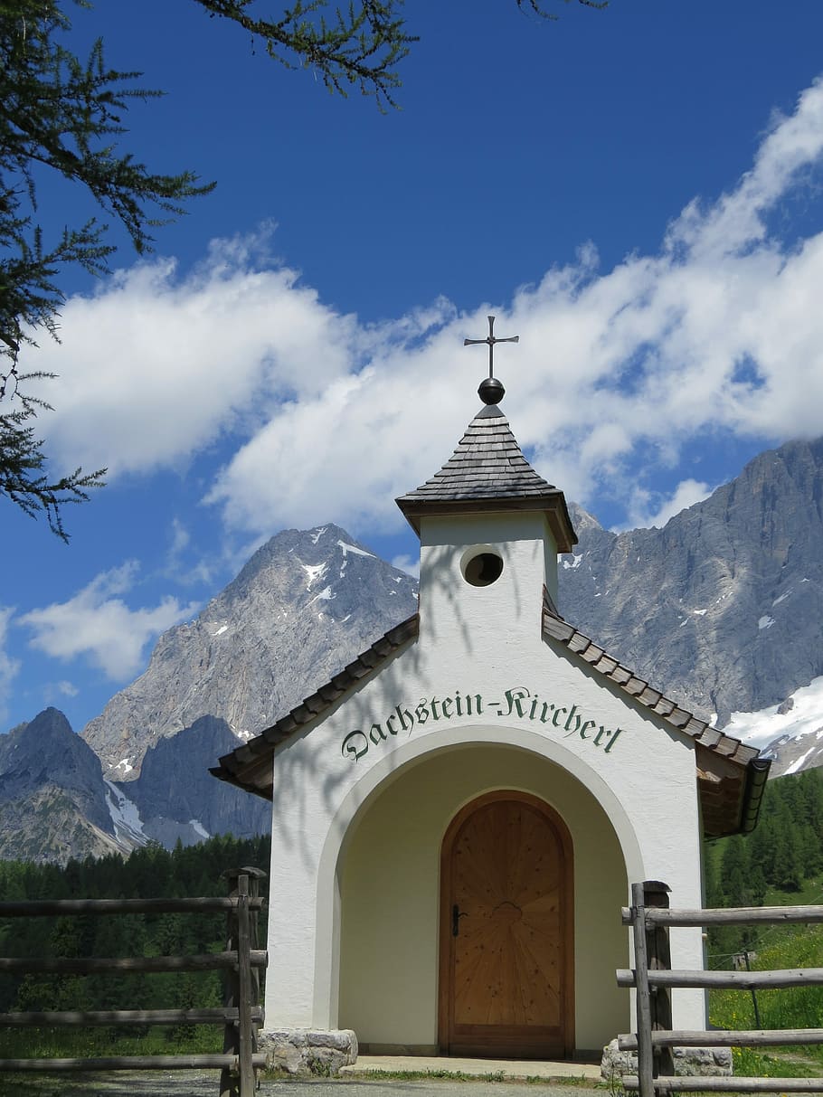 church, chapel, mountains, cross, austria, dachstein, clouds, blue sky, fence, styria
