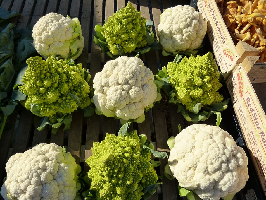 cauliflowers, brown, wooden, surface, Cauliflower, Kohl, Cabbage, Food, vegetables, vitamins