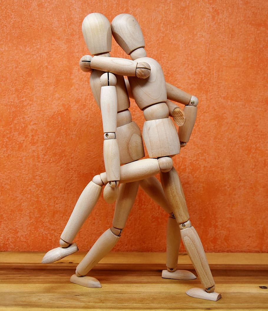 two, brown, wooden, dancing mannequins, orange, painted, wall, joint dolls, wood, dance