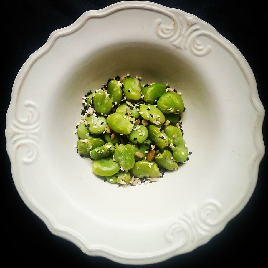 eating, broad bean, seeds, healthy eating, food and drink, food, black background, studio shot, wellbeing, directly above