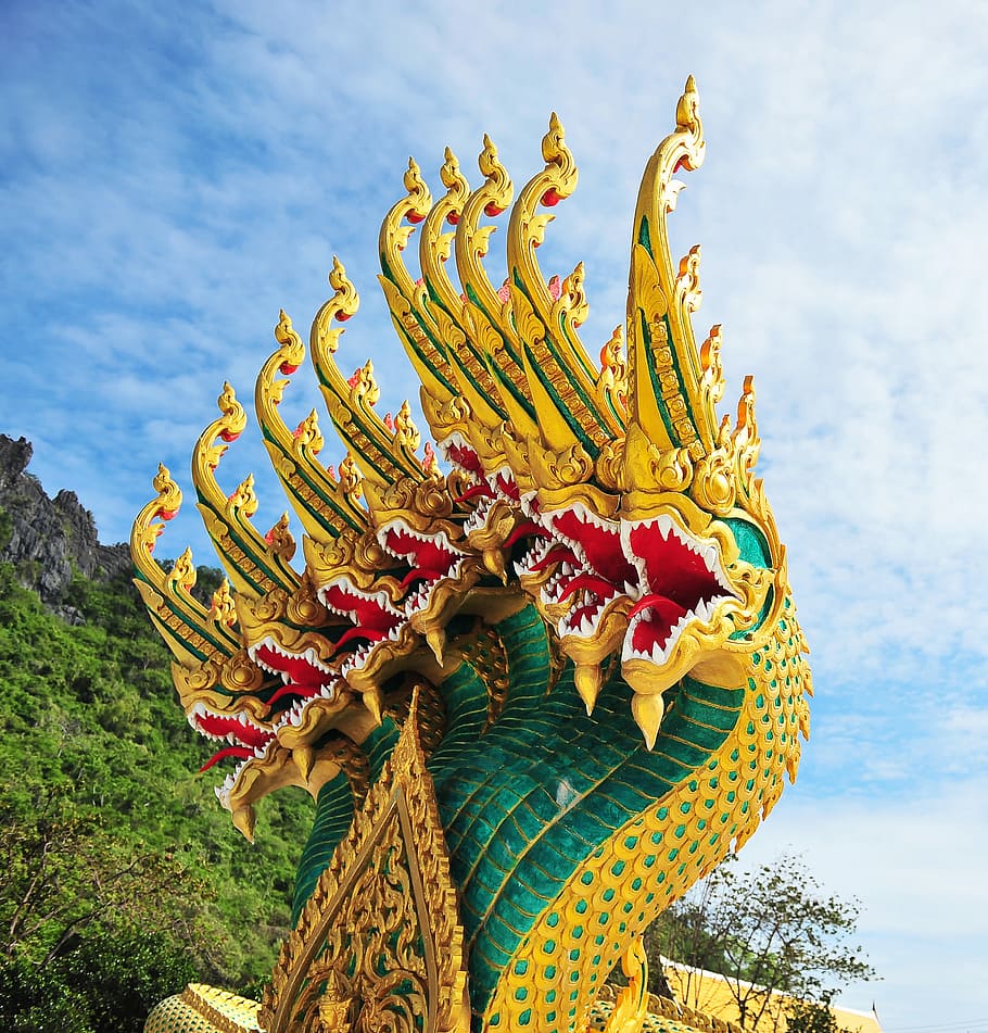 yellow, green, 8-headed, dragon statue, dragon, ancient ancient animals, architecture, buddha, the creation of, carving