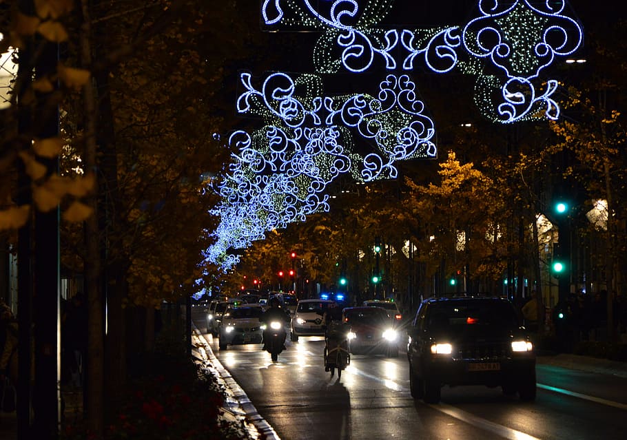 クリスマスライト, 夜, グラナダ, 交通, 夜のグラナダ, ライトアップ, 車, 街, 通り, 自動車