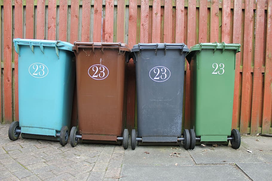 four, assorted-color garbage cans, wheelie bin, garbage, rubbish, waste, dustbin, paper, plastic, blue