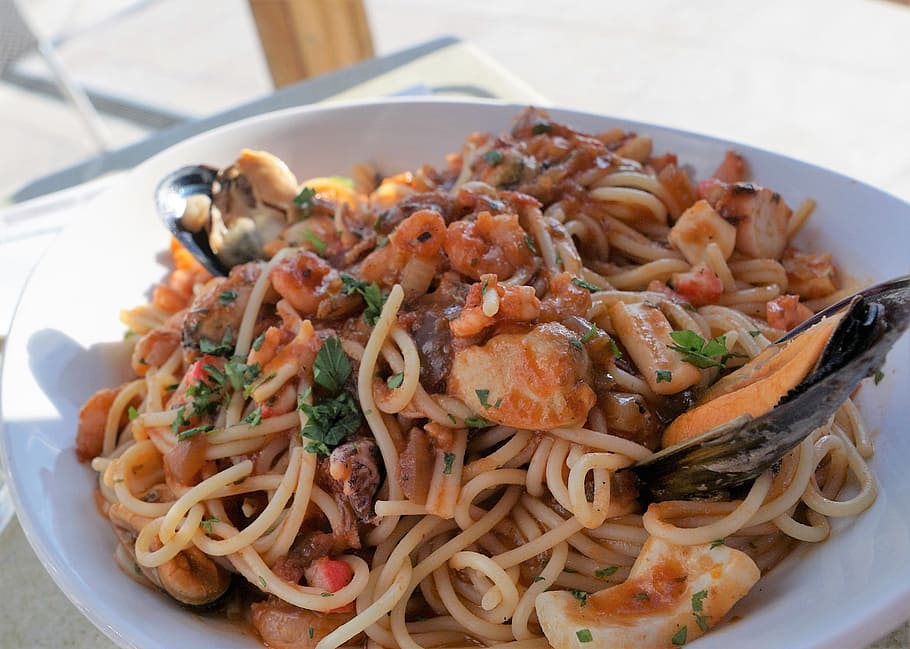Espaguetis, comer, fideos, cáscara, mariscos, cocinar, nutrición, italia, pasta, saludable