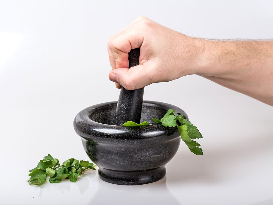 black, mortar, pestle, crushed, hand, bowl, container, leaves, herb, parsley