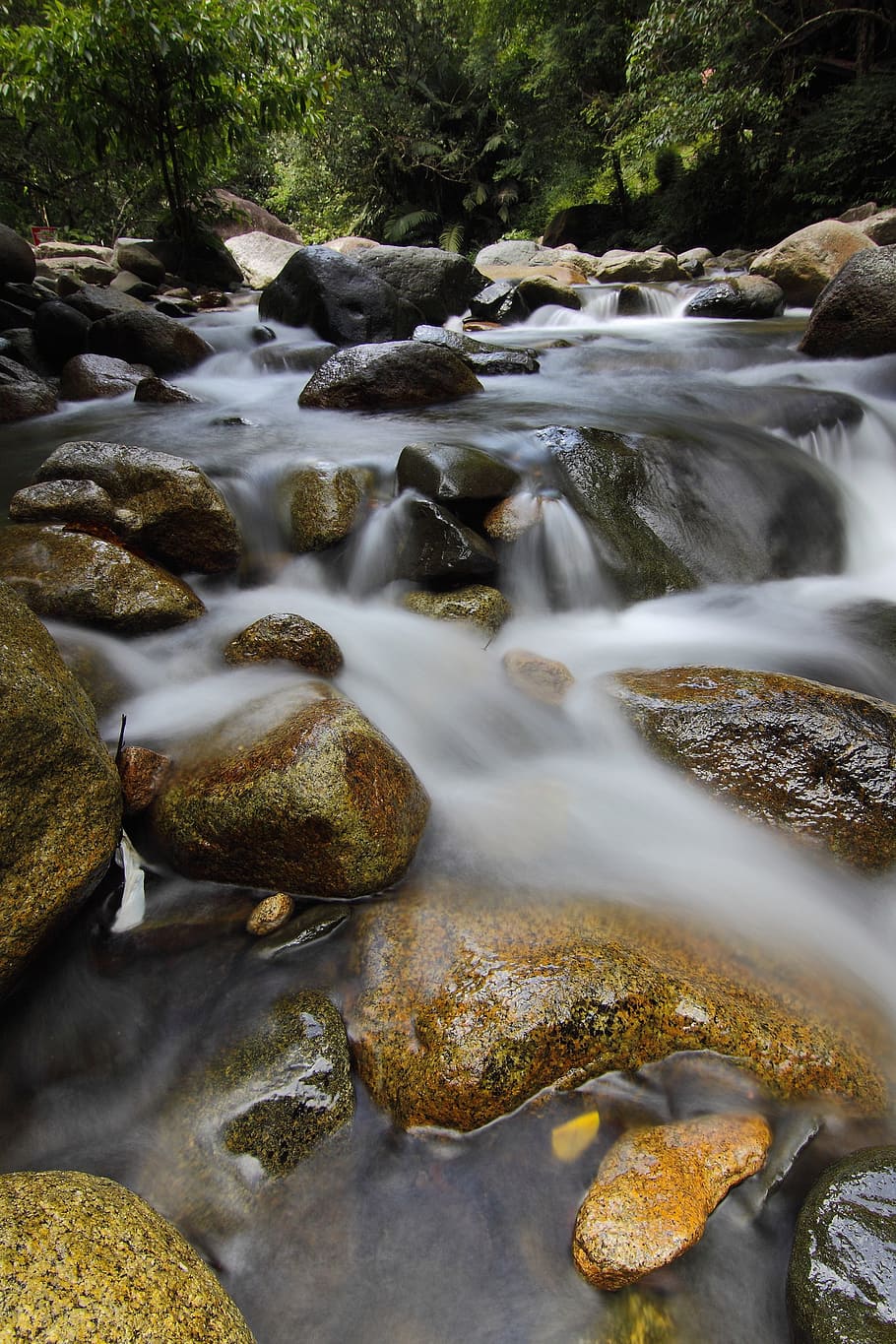 time lapse photography, stream, surrounded, trees, waterfall, sekayu, green, landscape, malaysia, nature
