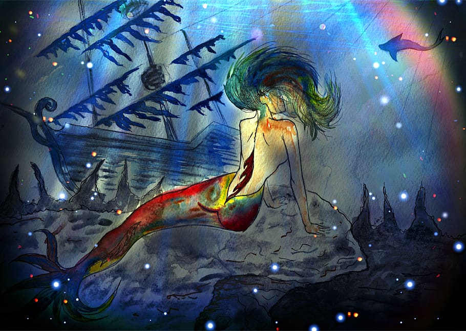 mermaid, fantasy, story, mystic, fabulous creatures, undersea world, sea, surreal, photo montage, figure