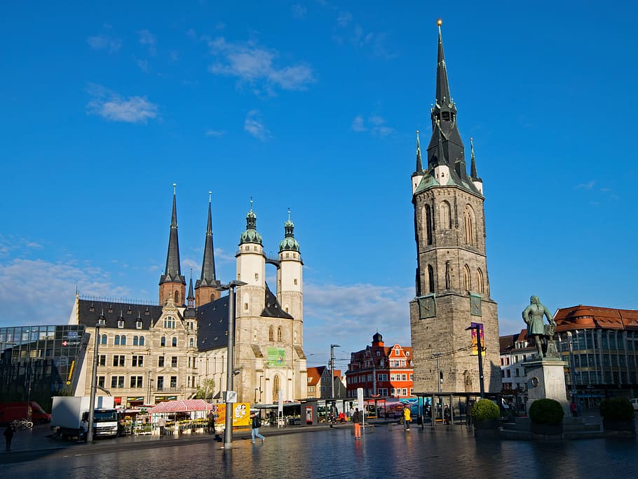 Saale, Saxony-Anhalt, Jerman, aula, pasar, gereja st mary, gereja pasar, menara merah, wanita cinta kita, gereja