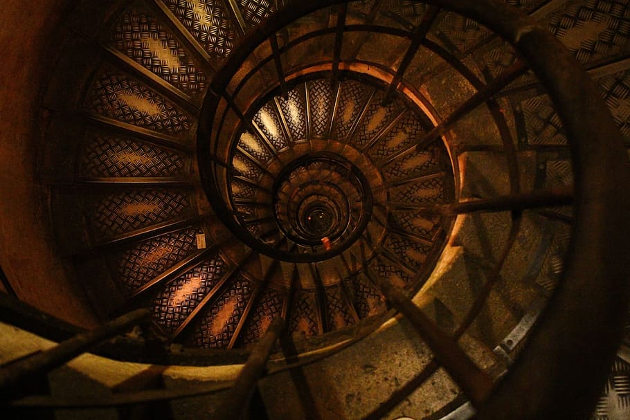 brown, spiral staircase, staircase, spiral, stairway, round, curve, circular, indoors, twist