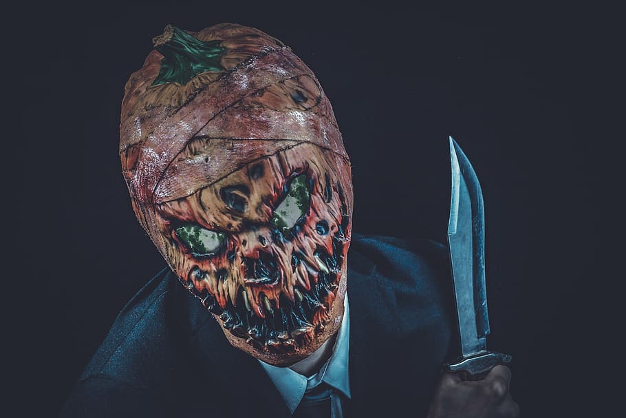 orang kepala labu, memegang, pisau, halloween, horor, menakutkan, menyeramkan, aneh, mimpi buruk, ketakutan