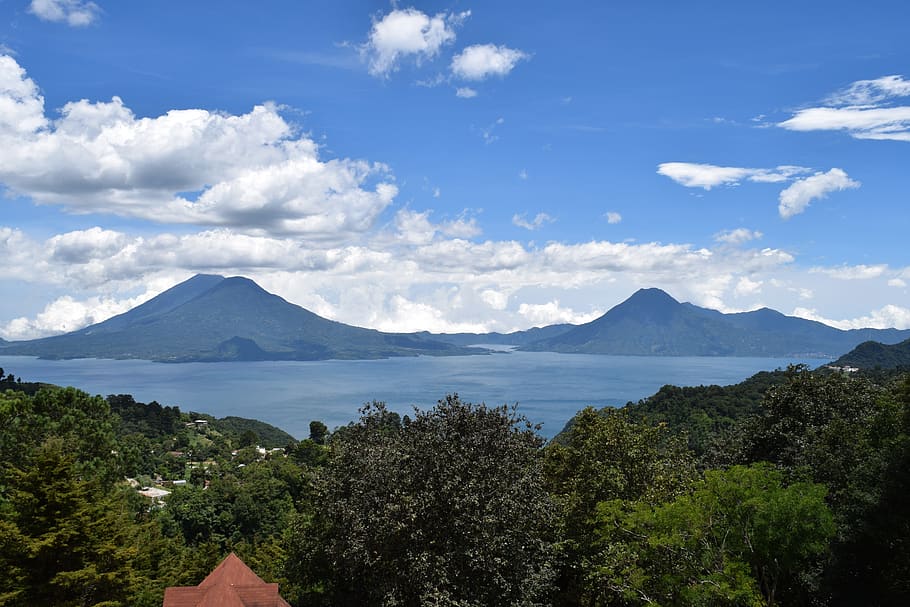 volcano, atitlan guatemala, guatemala, lago atitlan, mountain, sky, scenics - nature, cloud - sky, tree, plant