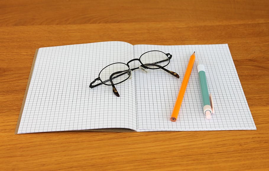 eyeglasses, paper, pencil, note, notebook, writing implements, ballpoint pen, glasses, write, school