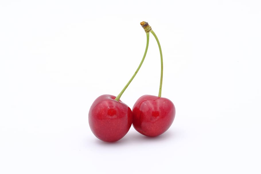 two cherries, cherry, sweet cherry, bird cherry, prunus avium, stalk, connected, combines, fruit, stone fruit