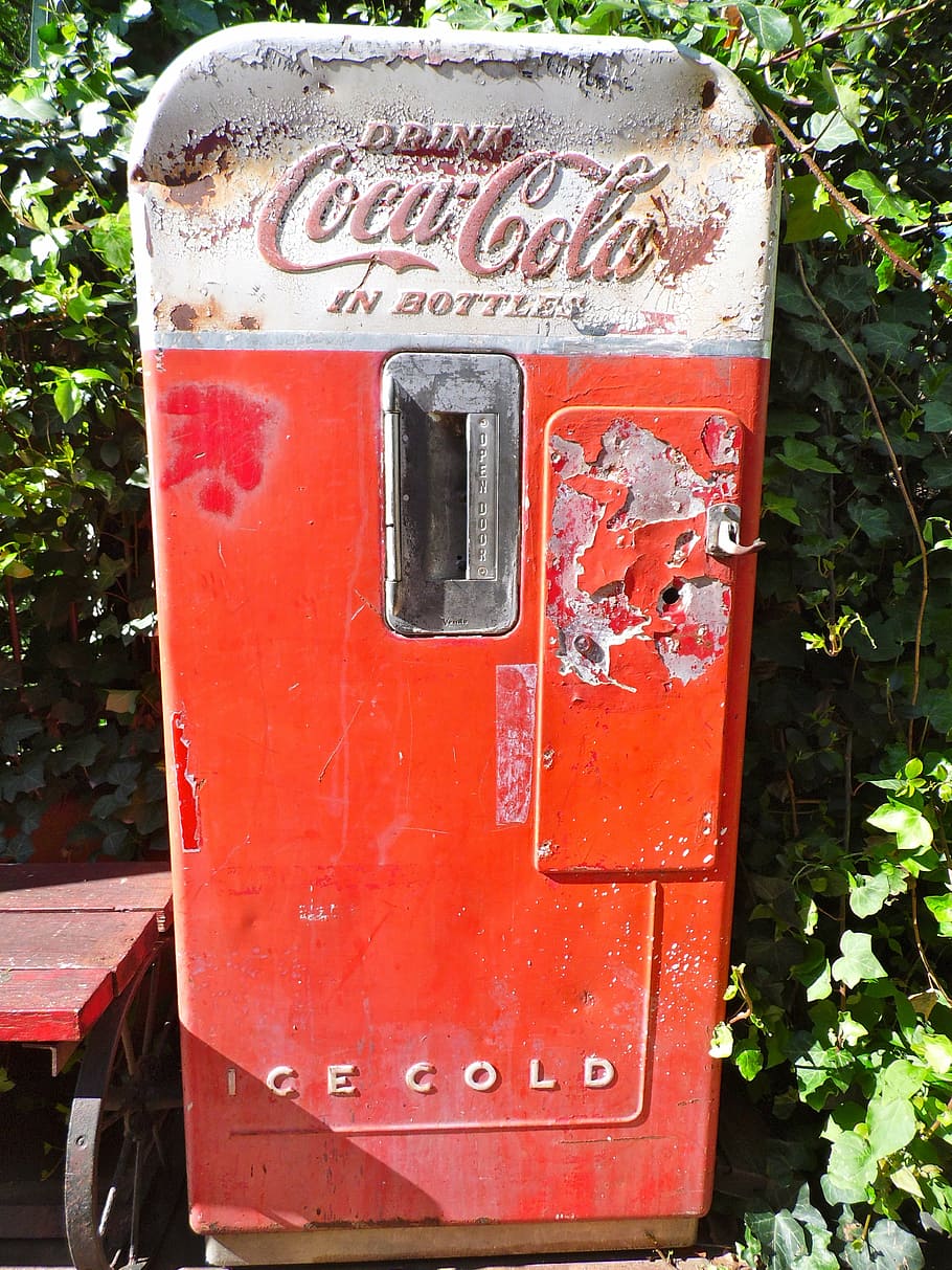 coke machine, coca cola, old, antique, vending machines, soda, pop, broken, red, communication