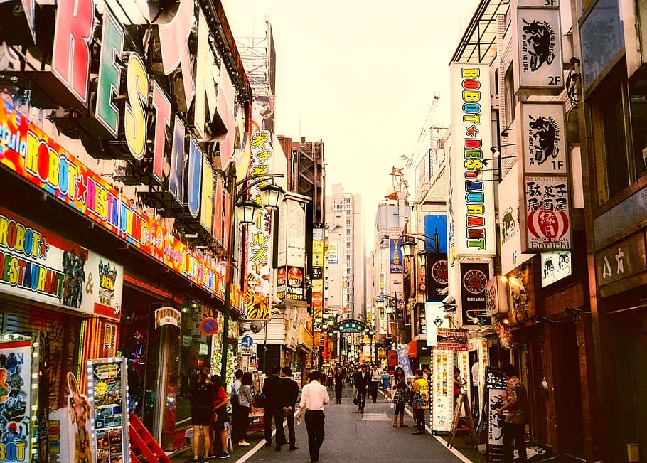 group, people, standing, street, shinjuku, japan, city, urban, signs, alley