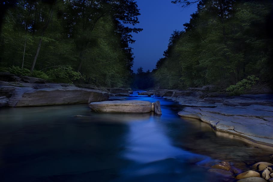 river and trees, water, rocks, stone, blue, creek, light painting, night, river, tranquil