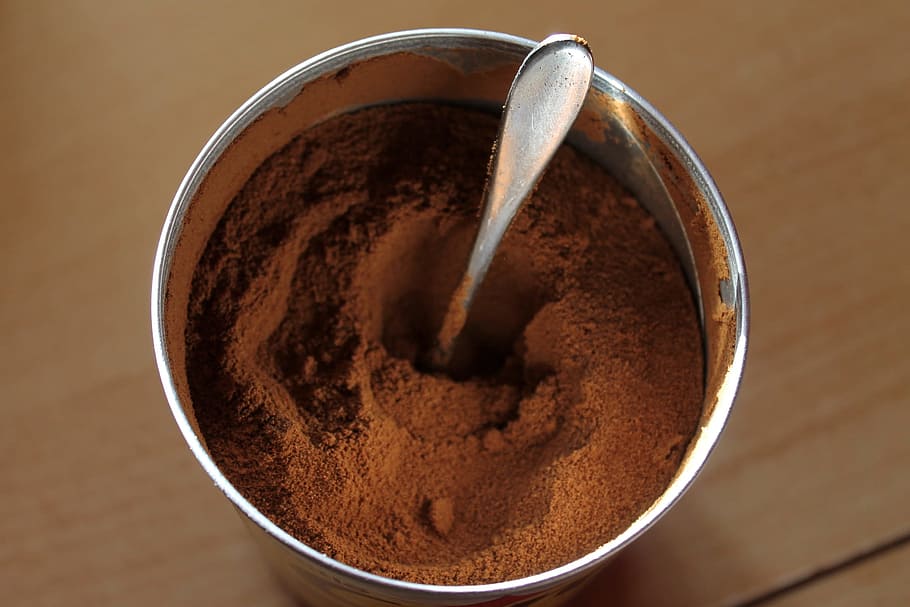 brown, powder, inside, gray, bowl, utensil, coffee powder, coffee, powder coffee, instant coffee