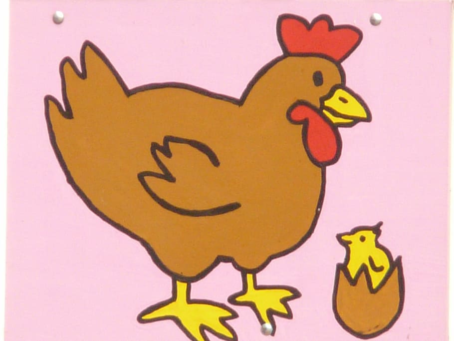 pintura de gallo marrón, pollo, pollitos, cómic, figura, imagen, pintura, personaje de dibujos animados, dibujo, gracioso