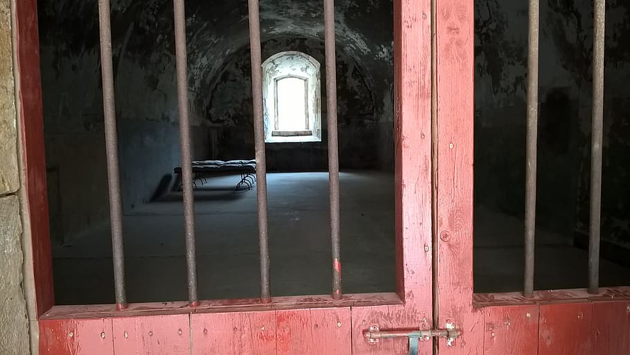 closed, pink, wooden, door, Cell, Balusters, Jail, Prison, window, day