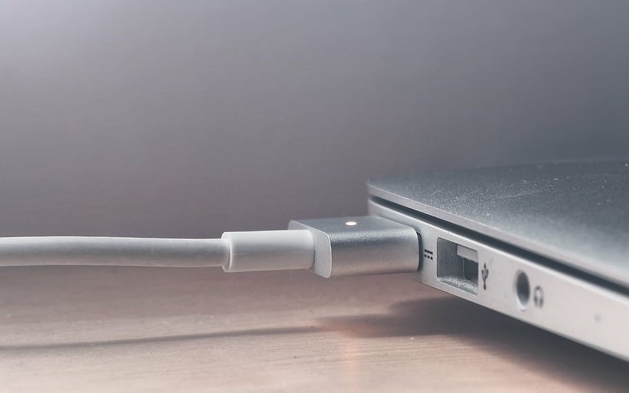 Крупным планом, серый, портативный компьютер, USB, кабель, Связанный, Macbook, компьютер, вилка, шнур