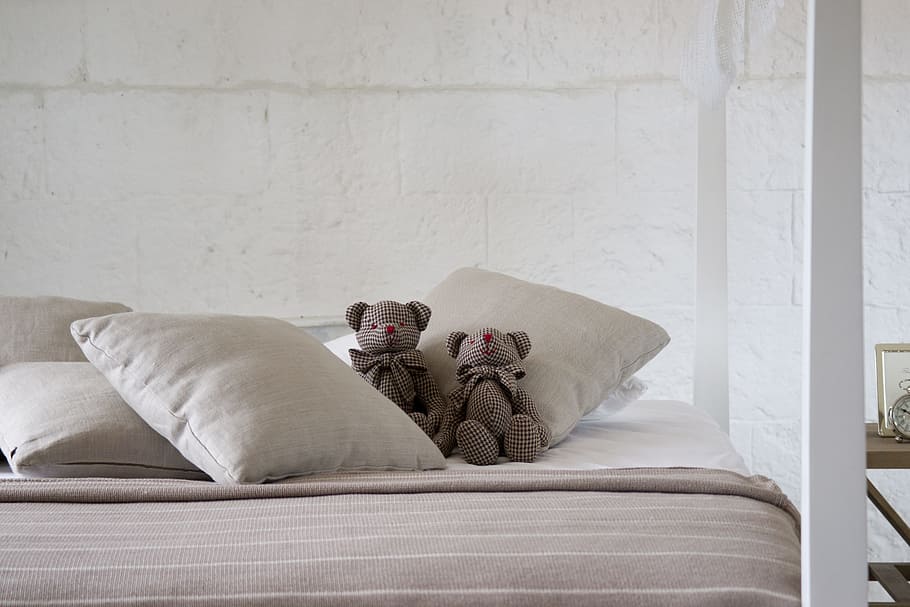 two, gray, bear, knit, dolls, bed, sleep, sheets, room, teddy bear