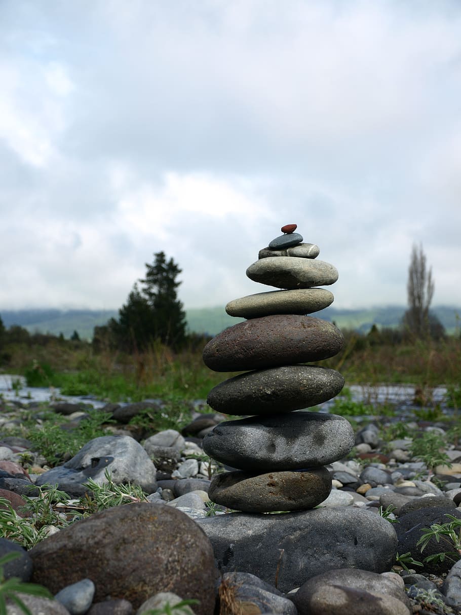 equilíbrio, nova zelândia, rio, pedras, natureza, cenário, ao ar livre, meditação, posição, calma