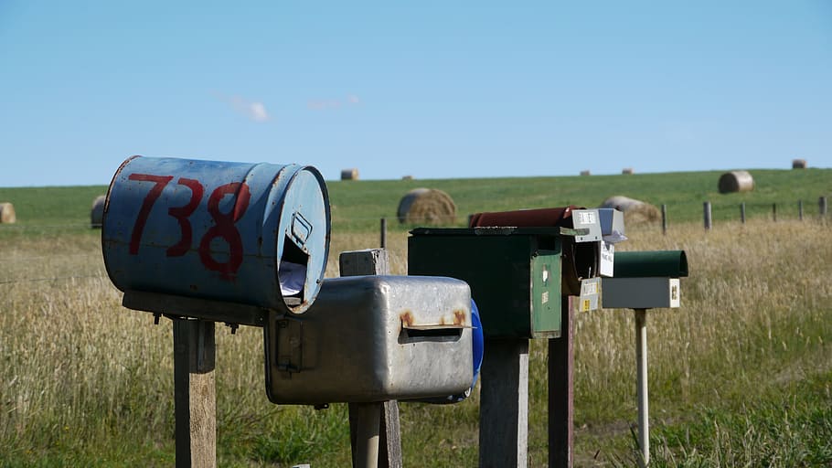 five, assorted-color mailboxes, field, letter boxes, australia, wasteland, mailbox, sky, mail, letter