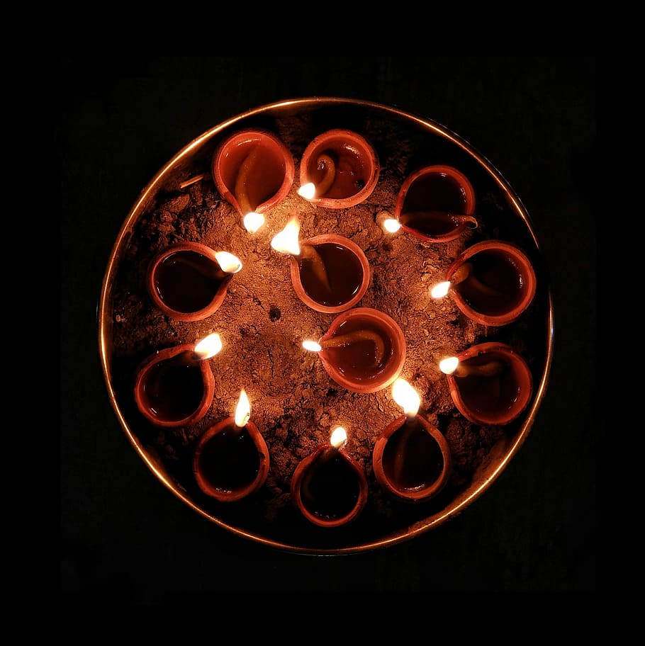 diya, lights, torch, diwali, black background, illuminated, geometric shape, indoors, close-up, circle