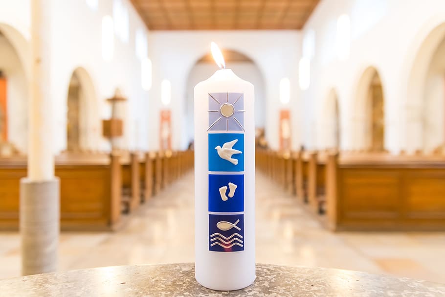 white, pillar candle, gray, table, church, baptism, candle, birth, baptismal font, christian