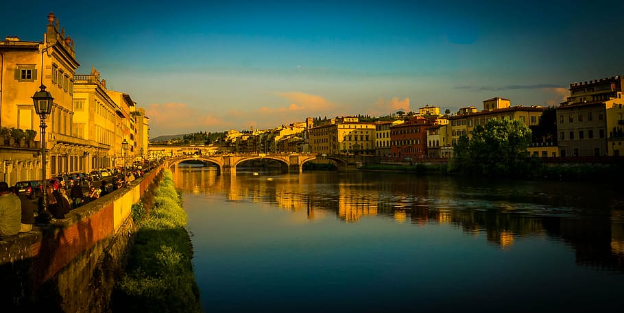 beige, concrete, buildings, calm, body, water, daytime, florence, italy, ponte vecchio