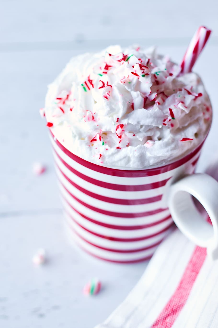 holiday, hot, chocolate, beverage, drink, whipped, cream, cup, mug, pepperment