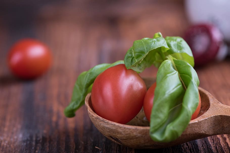 ripe tomato, tomatoes, small tomatoes, red, basil, green, spice, herbs, close, food-photography
