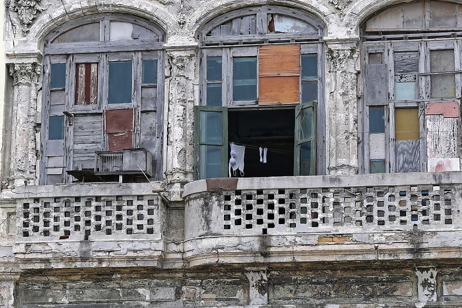 white, apparel, hanged, clothesline, inside, building, Cuba, Havana, Facade, Window