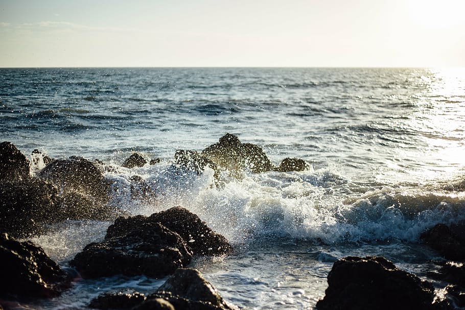 gelombang laut, menabrak, batu, laut, lautan, air, gelombang, alam, berbatu, pantai