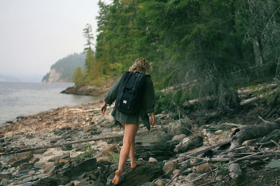 person, wearing, green, dress shirt, walking, rocky, seashore, woman, hiking, trees