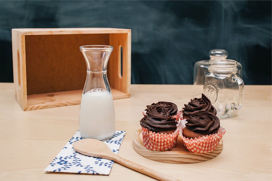 milk on pitcher, four, chocolate, cupcakes, glass, bottle, milk, icing, dessert, sweets