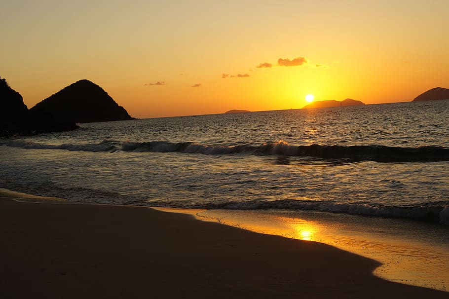 puesta de sol, bvi, tortola, caribe, escénico, islas, costa, playa, paraíso, océano